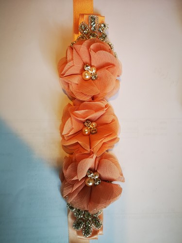 Bruidsriem, bruidscentuur Weddingbelt Peach Schitterende kwaliteit Chiffon, strass, parels en satijn