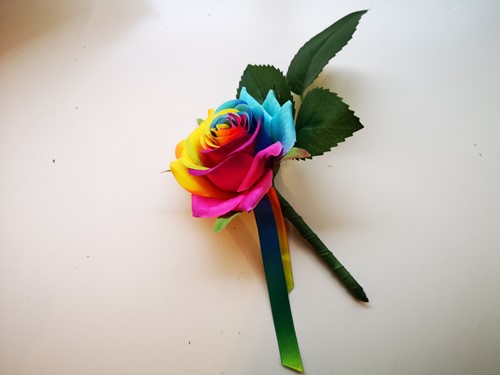 Regenboogcorsage Luxe Corsage Zijde RAINBOW met blad en lint Schitterende corsage