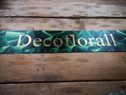 Bedrukt lint Greenleaf 70mm 80 cm Metalic Goud opdruk Ruscus Dubbelsatijn, dubbel leaf