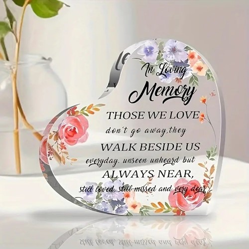 Hart van Epoxy met bloemen In loving memory 10*1 cm Gift, geschenk, cadeau, herinnering