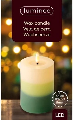 Actie Lumineo LED kaars WAX steady kan Binnen, met timer, Groen Tricolor /warm wit dia 7cm H 11.5cm / st Ledcandle vlameffect voor bloemschikken en decoratie