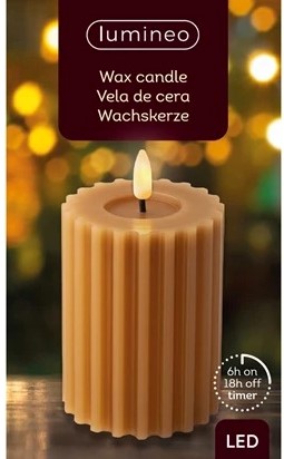 Actie Lumineo LED kaars WAX steady Binnen, RIBBEL, met timer, Bruin/warm wit dia 7.5cm H 12.3cm / st Ledcandle vlameffect voor bloemschikken en decoratie