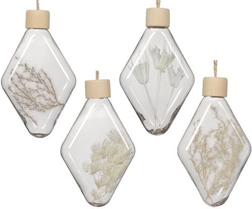 Ornamenten Transparant met droogbloemen 7*3*14cm set van 4 verschillende Supermooi! Bijzondere Decoratie voor Kerst