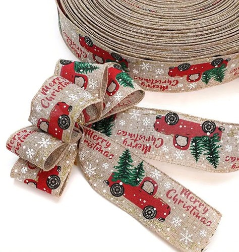 Kerstlint "Merry Christmas" - Rode Pickup met Kerstbomen (5 cm x 2 meter) Kerstlint