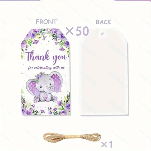 Bloemenkaartjes "Thank You For Celebrating With Us" - Lila Olifantje (Set van 50) met Touwtje cadeaulabels met touwtje