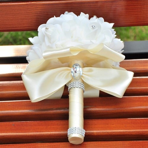 Bruidsmeisjesboeket foamrozen Wit+CREME met Strass Volledig afgewerkt, handgemaakt-20