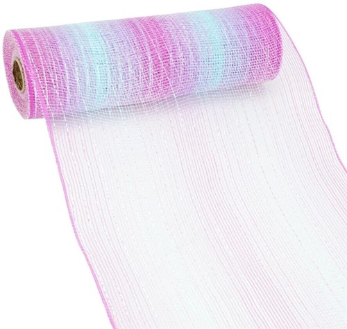 Decomesh Deco mesh Metalic voor kransen en inpakken 06_multi-stripes blauw pink Decomesh