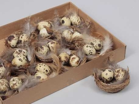 Nestjes met 2 kwarteleitjes+veertjes DOOS 12 nestjes +/-7 cm. 12 Nestjes 7cm.