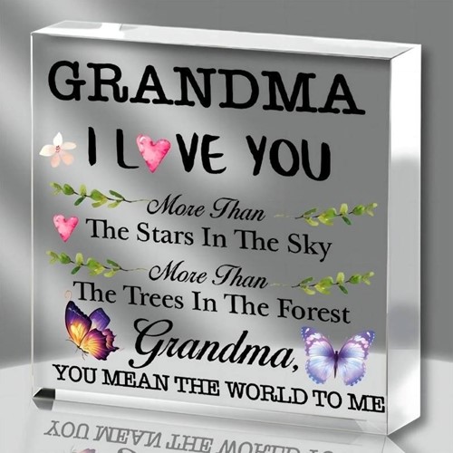 Plaquette Vierkant van Epoxy met Bloem en vlinder Grandma I love You 10*1 cm Gift, geschenk, cadeau, herinnering