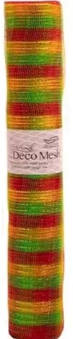 Grote rol Decomesh Deco mesh Metalic Carnaval voor kransen en inpakken Rood/geel/groen brede strepen Red Gold and Green Deco Mesh 53cm x 9.1m = 2x zo breed