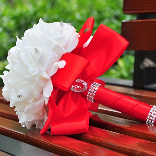 Bruidsmeisjesboeket foamrozen RoomWit+ROOD met Strass Volledig afgewerkt