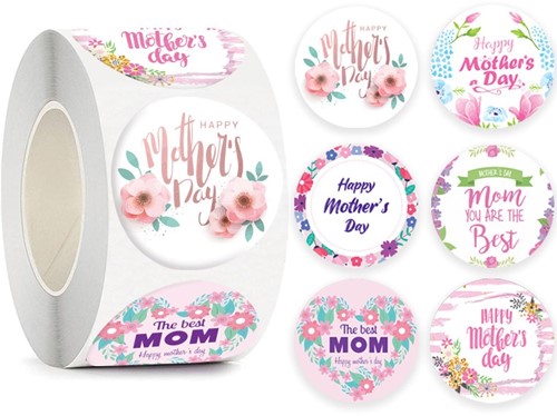  500 Stickers Labels Rol Thema Moederdag  rol met 6 verschillende ronde etiketten  