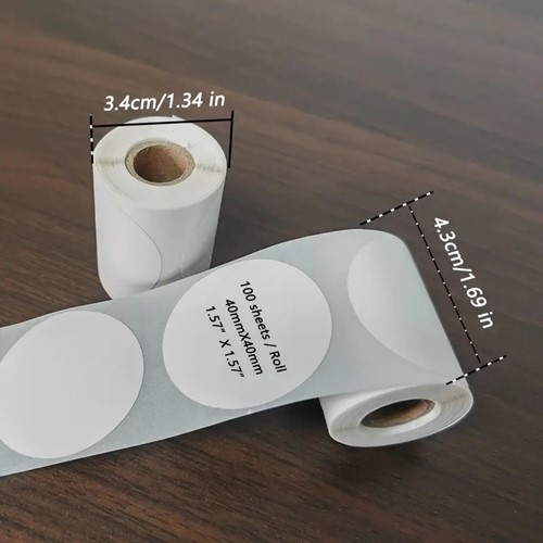 Thermische labels, WIT  ROND 40mm Stickers Labels Thermal voor diverse printers/ rol 100 labels M110/M110S/M120/M200/M220/M221   om zelf foto, tekst, afbeeldingen op te printen