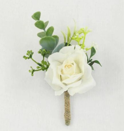 Luxe Corsage, Bruidegomcorsage van zijdebloemen Wit/groen Boutonnière op pinclip met speld