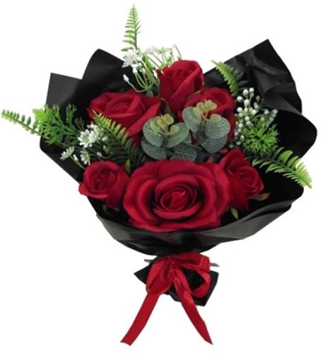 Low budget 43cm WRAPPED ROSE BOUQUET WITH EUCALYPTUS FOLIAGE AND SATIN BOW RED/BLACK zijderozen