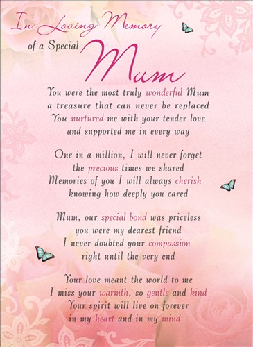 Rouwkaart herdenkingskaart In loving memory of a SPECIAL MUM Geplastificeerd 16.5 X 12cm