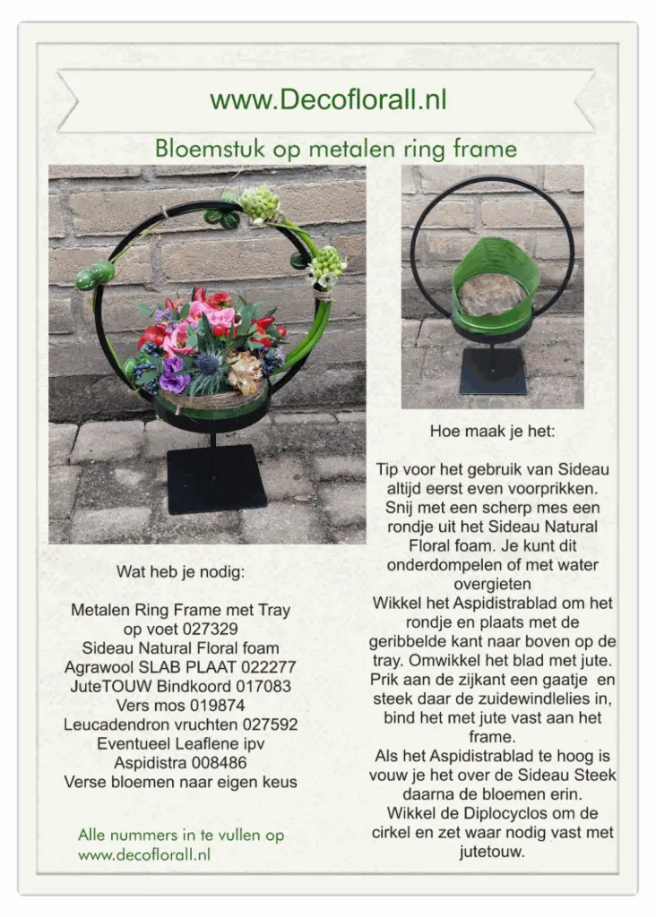 Bloemstuk op metalen ring frame met Sideau Natural foam.webp