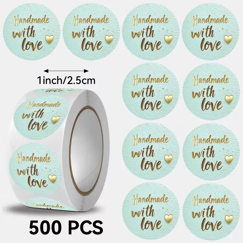 Sluitstickers Handmade with love Lichtblauw rond etiket 2,5 cm rol 500 labels.webp