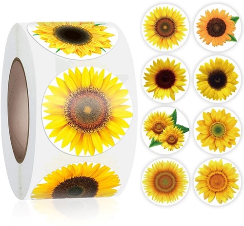 Sluitstickers 500 Labels Rol 8* Zonnebloemen rol kraft etiketten
