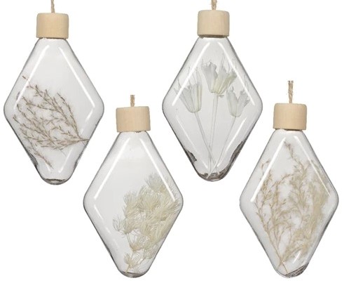 Ornamenten Transparant met droogbloemen 7*3*14cm set van 4 verschillende 