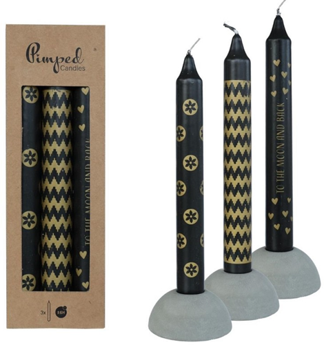 Pimped candles To the moon Ø2,2 h.20 cm black & goud 3 ass / Set van 3 ook leuk in fles