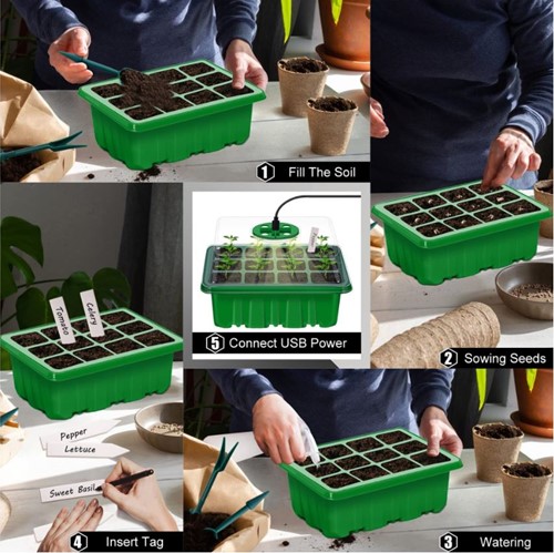 Seed Starter box MET kweeklamp EN DIGITAL CONTROL 5 lampen 12/60 cellen Vensterbankkasjes met verstelbare ventilatie en zaaihulpjes set van 5