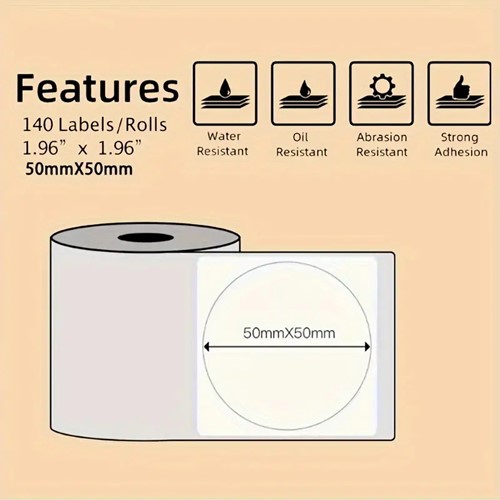 Thermische labels, WIT  ROND 50mm Stickers voor diverse printers/ rol 140 labels M110/M110S/M120/M200/M220/M221