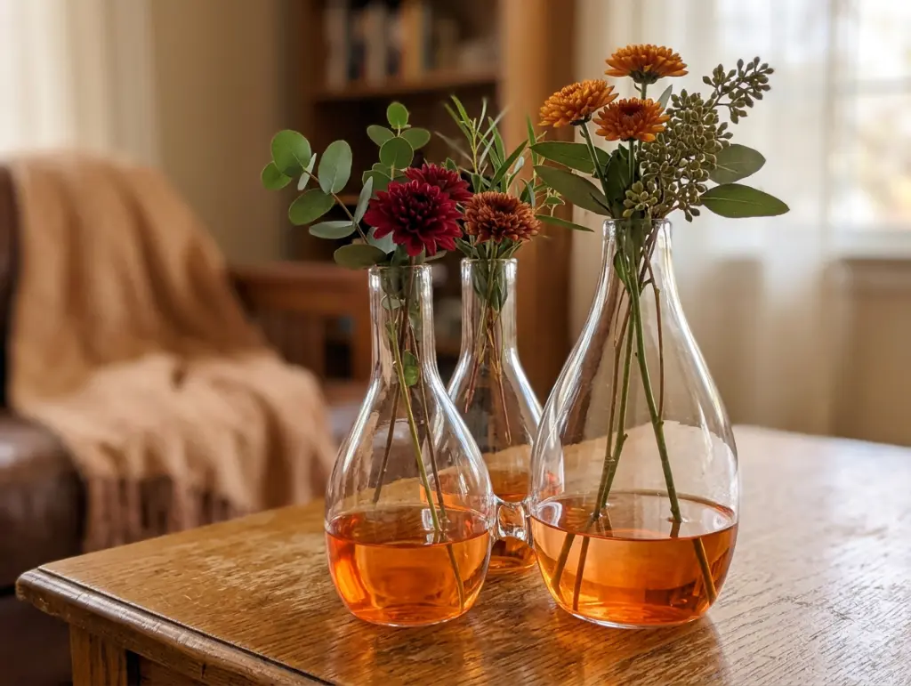 Firefly_Vul mijn flesjes met een laagje oranje gekleurd water en zet er een herfstboeketje me 920965.webp