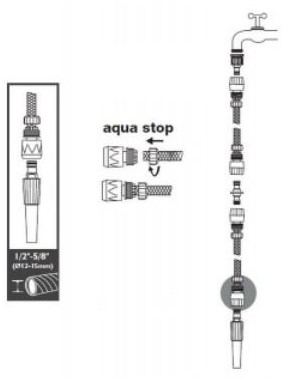 Watersnelkoppeling + waterSTOP 1/2 '' - 5/8 direct op slang of kraan