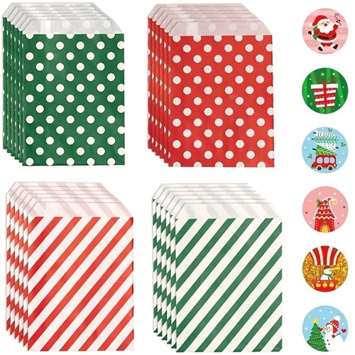 Kerst Kraft Papieren Zakjes Met Stickers Rood Groen Punt Streep 24st incl sluitstickers