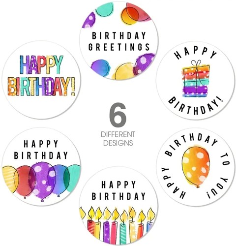 Sluitstickers 500 Labels Rol Happy Birthday ballonnen kaarsjes rol etiketten met verschillende soorten