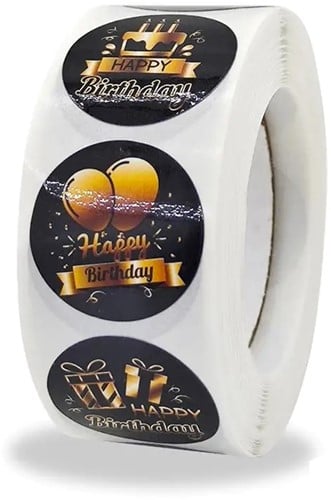 Sluitstickers 500 Labels Rol Happy Birthday Zwart goud rol kraft etiketten