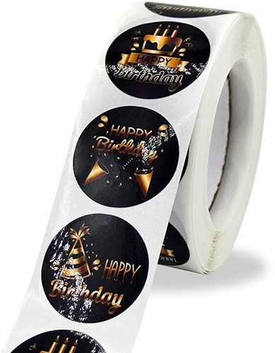 Sluitstickers 500 Labels Rol Happy Birthday Zwart/goud rol etiketten met verschillende soorten