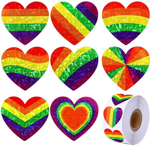 Sluitstickers 500 Labels Rol Hartvormig Regenboog Rainbow Holografisch rol met verschillende rainbow etiketten