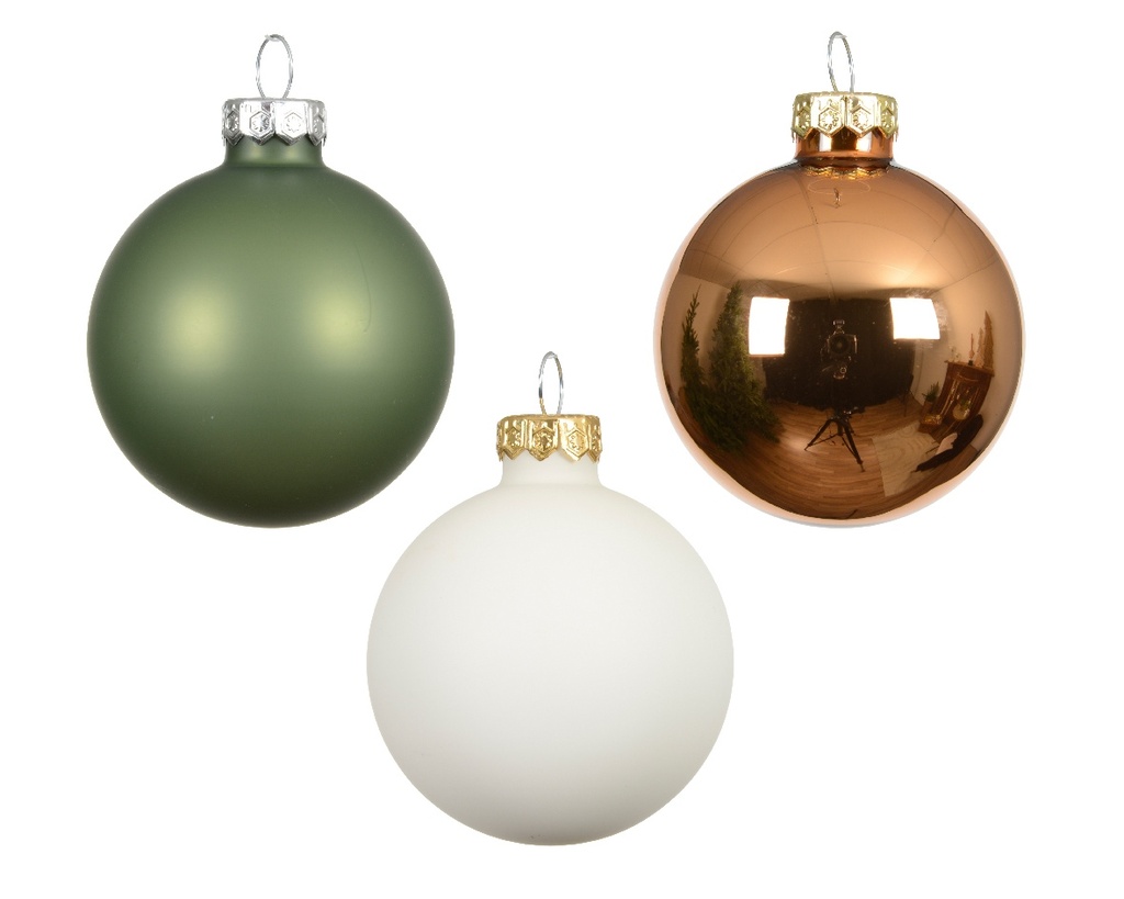 Kerstballen Glas Groen, Bruin, Wolwit 6 cm Set van 20