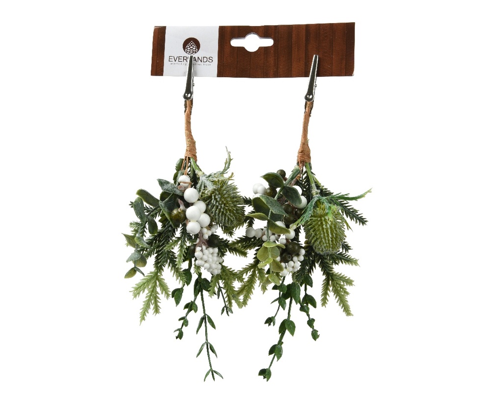 Kersthanger Winters Groen, distel met Clip Groen Wit 22 cm Per Stuk