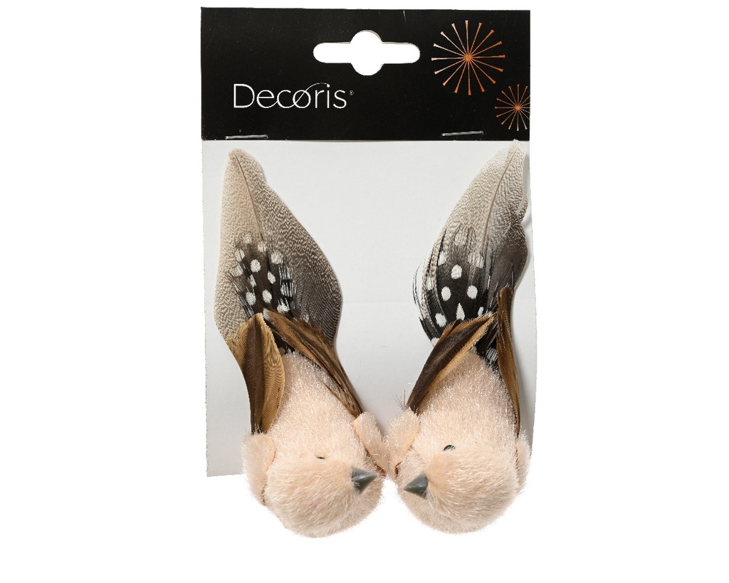 Vogeltje Creme Bruin naturel op clip SET 2 stuks