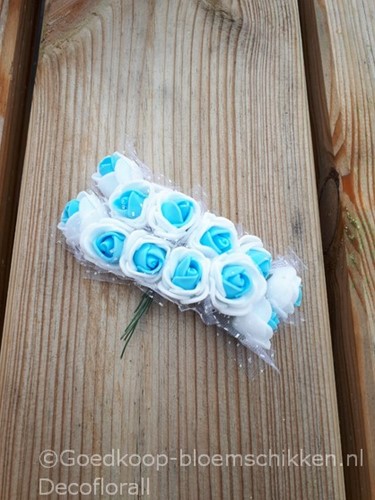 Mini foamrose met tule Wit+Blauw hart BULK pak 144 st 2 cm