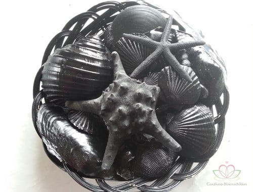 zwarte schelpen in mand Mix Schelpen en Zeesterren Zwart in mand 25 cm Schelpen- zeesterrenmix