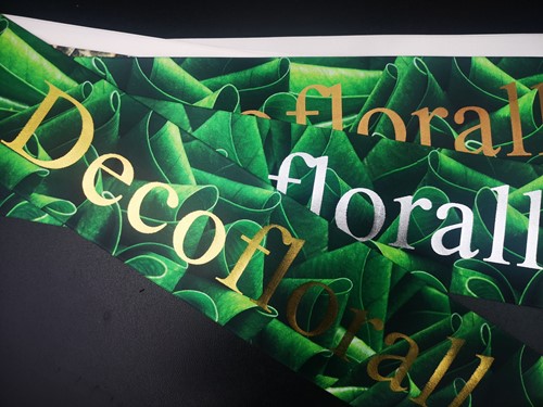 Bedrukt  Lint Greenleaf 70mm 80 cm Metalic Goud opdruk Ruscus 