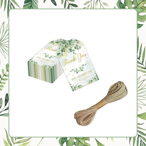 Bloemenkaartjes Thank you for celebrating Groen, groen Leaves set 50st cadeaulabels met touwtje