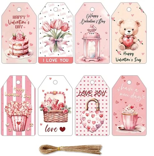 Bloemenkaartjes Valentijnkaartjes 8 verschillende set van 48 cadeaulabels met touwtje