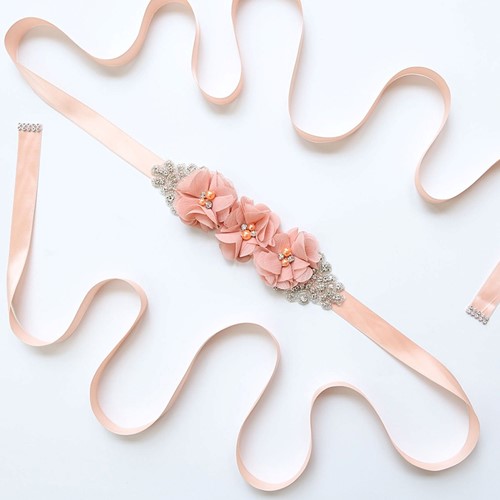 Bruidsriem, bruidscentuur Weddingbelt Peach Chiffon, strass, parels en satijn
