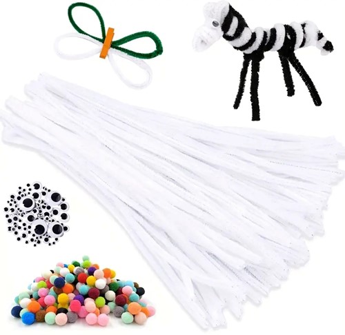 Chenille Pijpenragers dia 5-6mm, 30 cm Wit ca. 100st met gratis Wiebelogen en pompons 