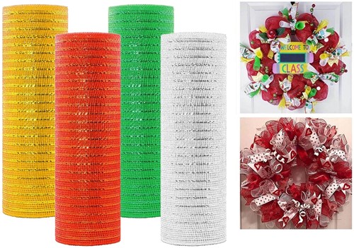 Decomesh Deco mesh Metalic voor kransen en inpakken Rood met gouddraad 26 cm ca. 9 m