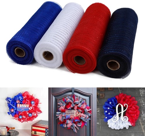 Decomesh Deco mesh Metalic voor kransen en inpakken SET van 4 Rood Wit Blauw Donkerblauw 26 cm ca. 9 m