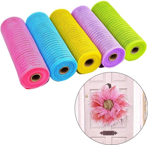 Decomesh Deco mesh Metalic voor kransen en inpakken SET van 5 roze, blauw, geel, paars, groen 26 cm ca. 9 m