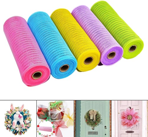 Decomesh Deco mesh Metalic voor kransen en inpakken SET van 5 roze, blauw, geel, paars, groen 26 cm ca. 9 m