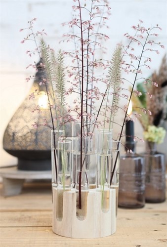 Decoratief Wood base met reageerbuis 12 cm h.20cm ook leuk voor stekjes