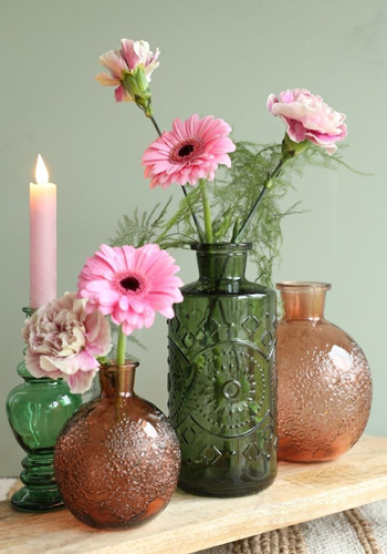 Gekleurd glazen fles Berlin Dark groen  / stuk Grotere fles ook voor olielamp bottle Ø9cm  h. 21 cm